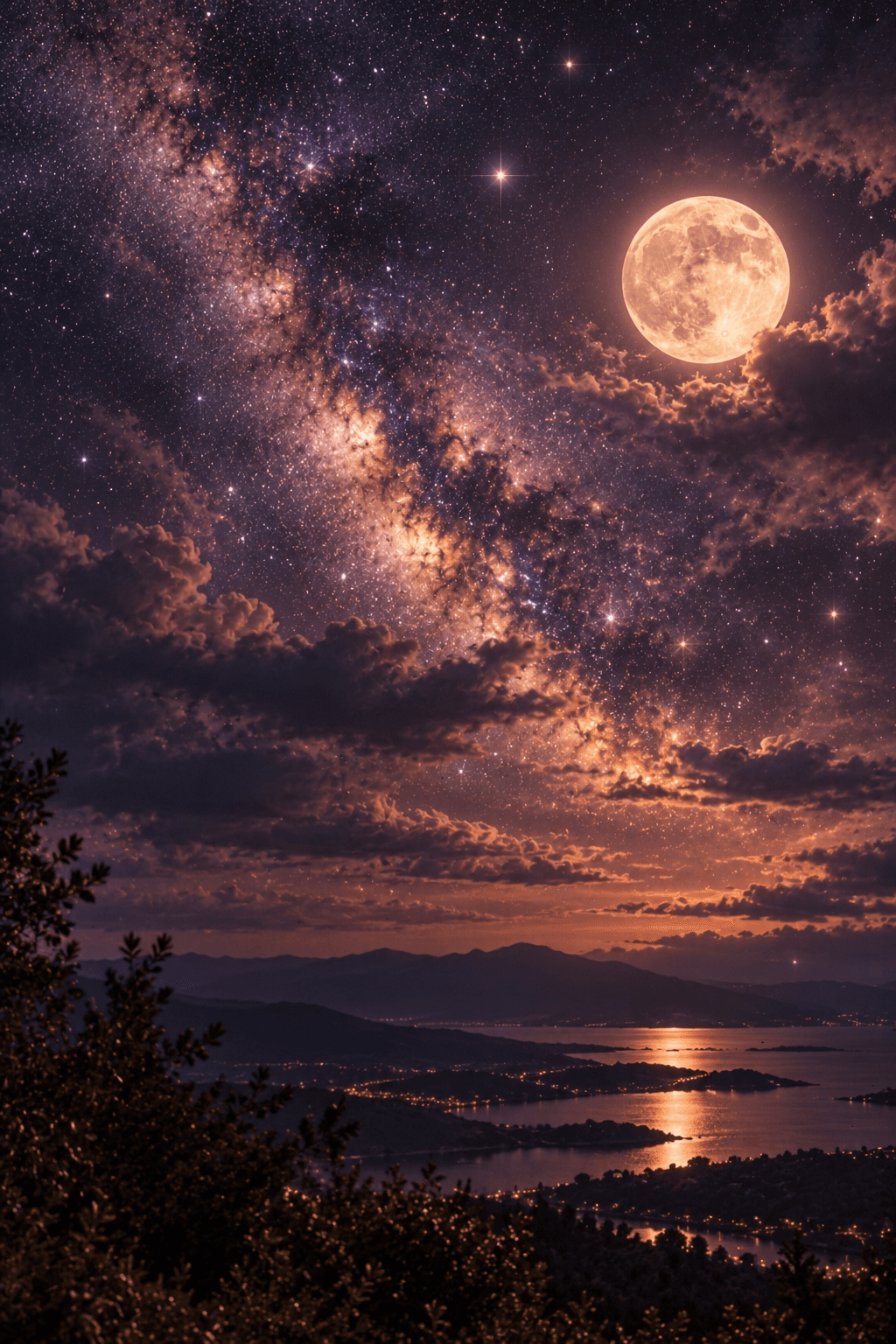 A glowing full moon over the Milky Way and a sleepy lakeside valley